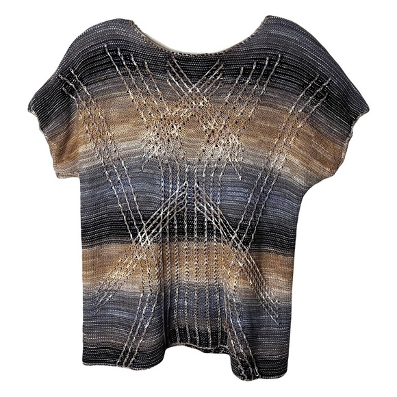 Nic+Zoe | Tan Blue Linen Blend Short Sleeve Sweater, Medium Petite - Picture 2 of 6